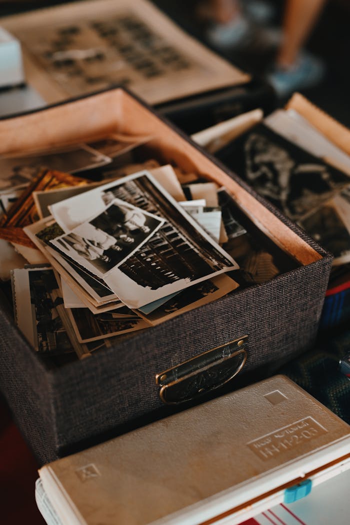 about-bg A collection of vintage photographs in a textured box, capturing old memories.